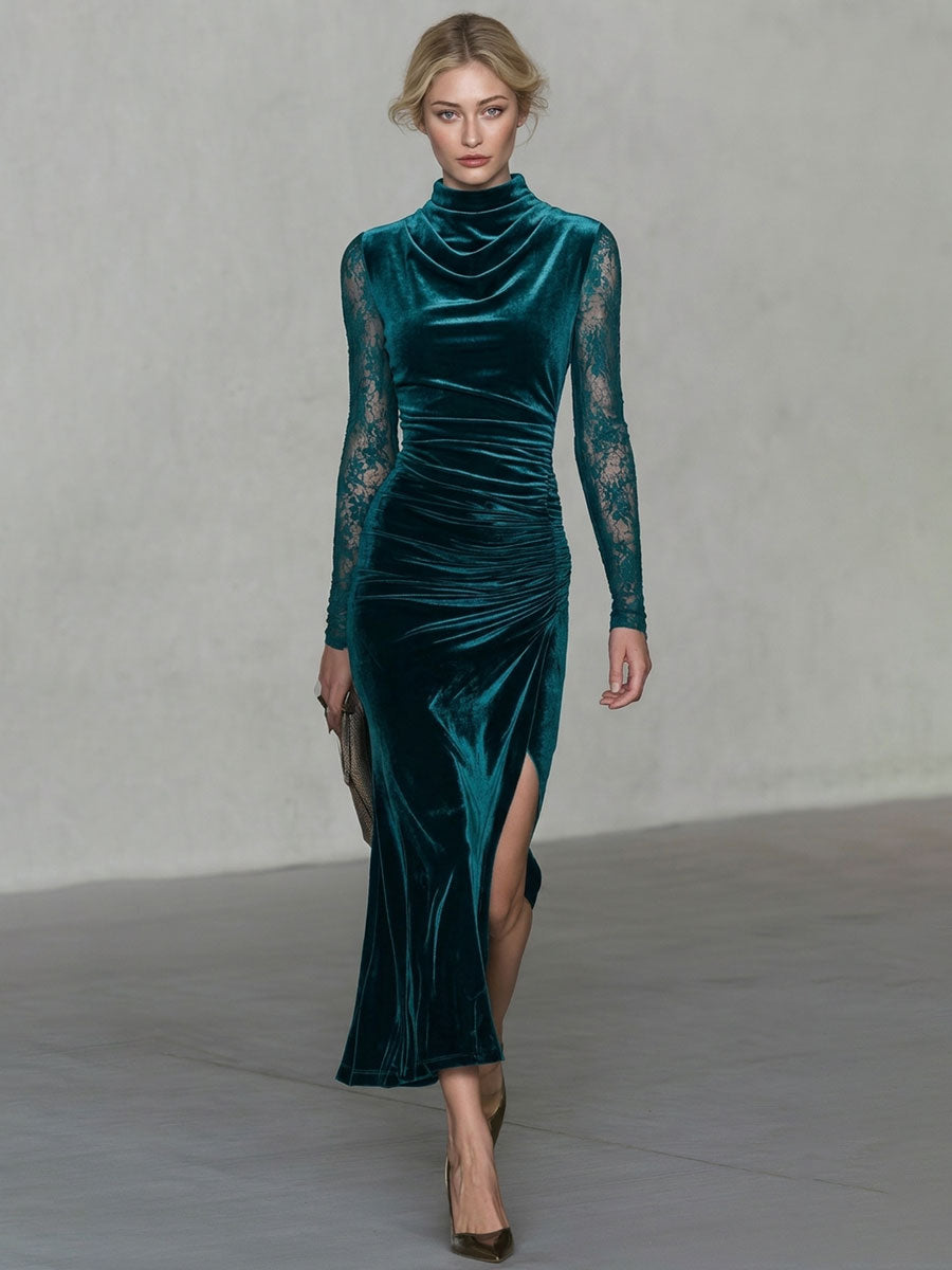 Retro-chic Blue-green Velvet Lace Sleeve Drop Neck Slit Midi Dress