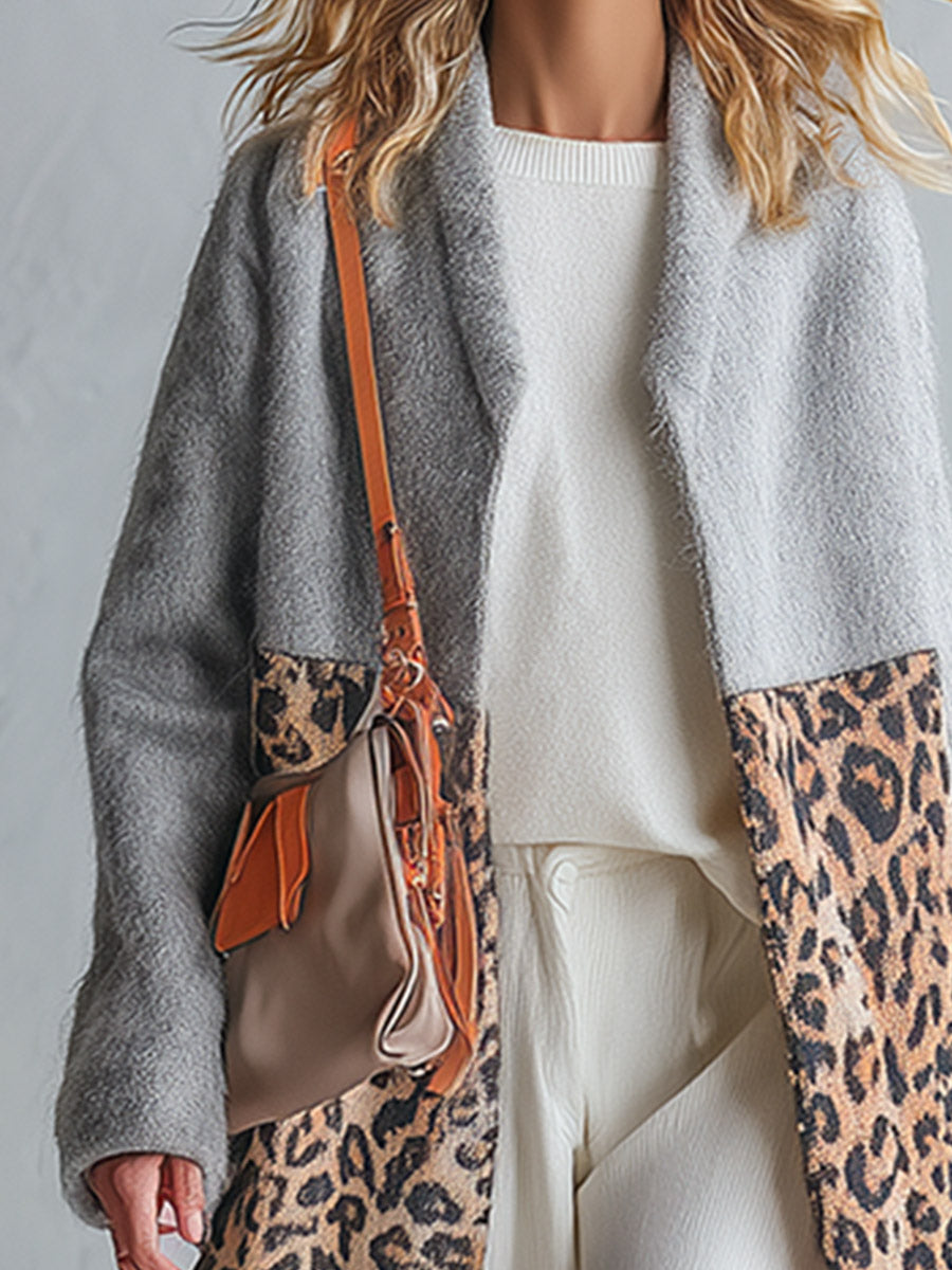 Chic Urban Faux-Fur Hem Grey Patchwork Leopard-Print Coat