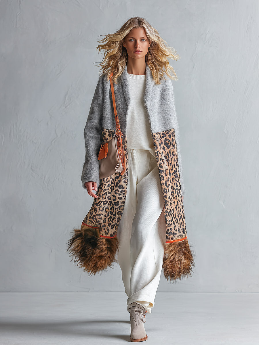 Chic Urban Faux-Fur Hem Grey Patchwork Leopard-Print Coat