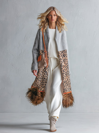 Chic Urban Faux-Fur Hem Grey Patchwork Leopard-Print Coat