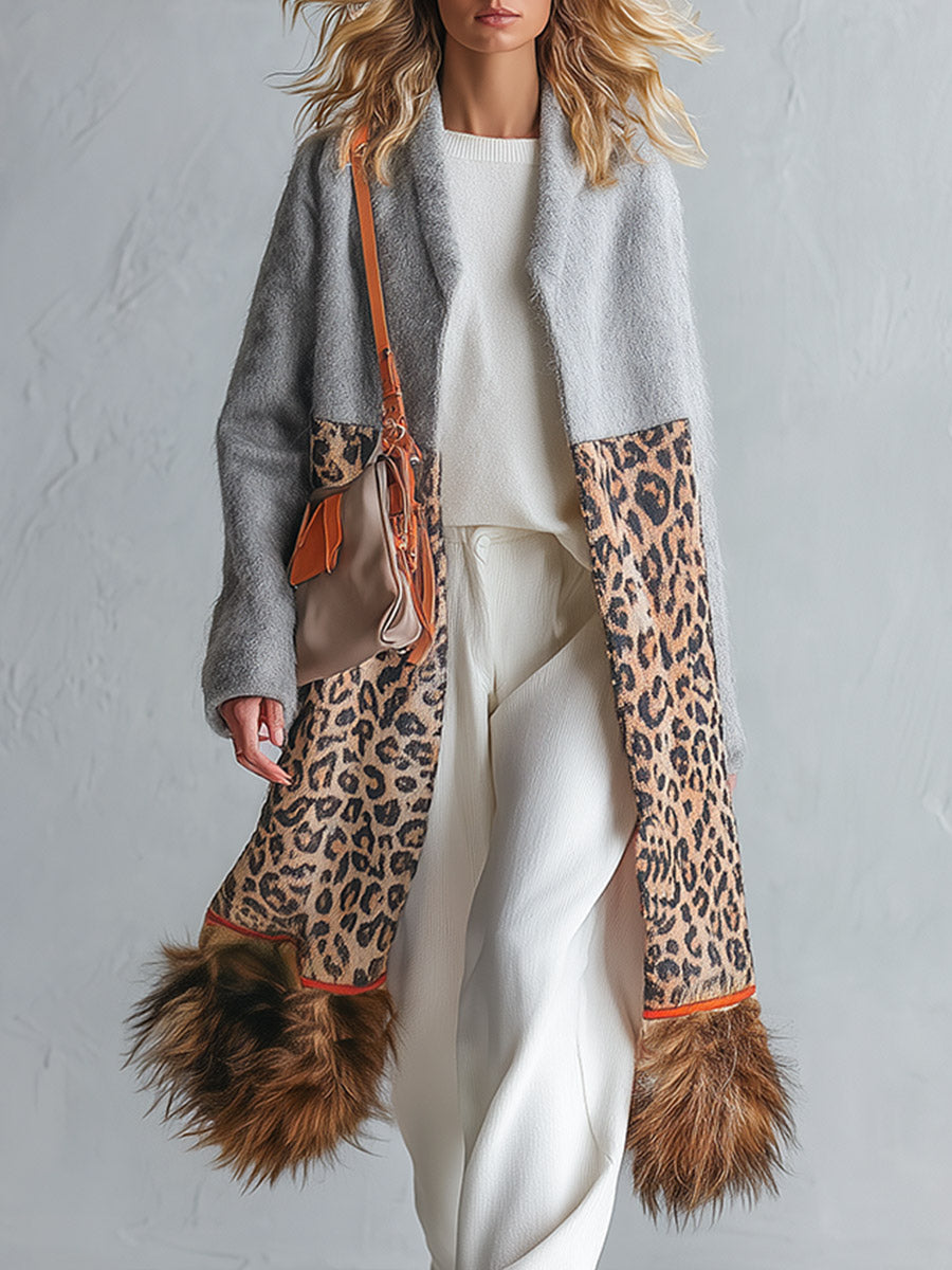 Chic Urban Faux-Fur Hem Grey Patchwork Leopard-Print Coat