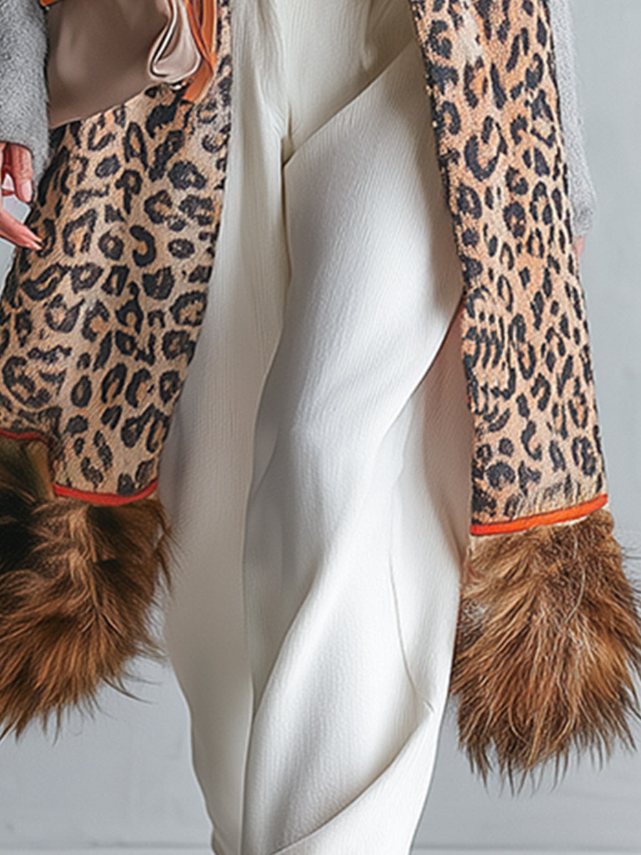 Chic Urban Faux-Fur Hem Grey Patchwork Leopard-Print Coat