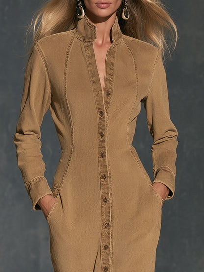 Fashionable Retro Camel Denim Frayed Cardigan Midi Dress