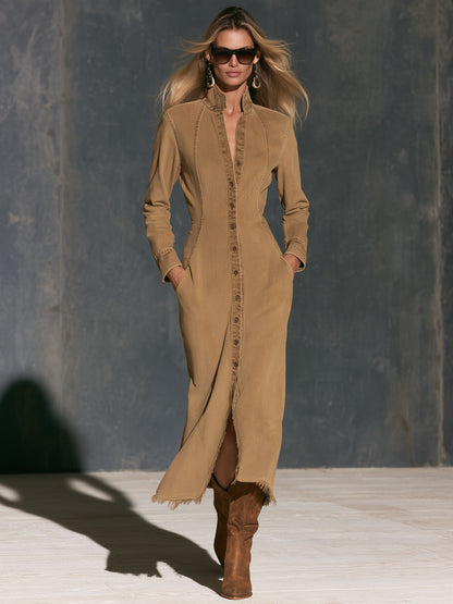 Fashionable Retro Camel Denim Frayed Cardigan Midi Dress