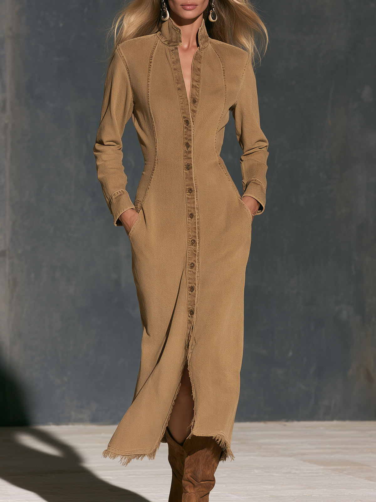 Fashionable Retro Camel Denim Frayed Cardigan Midi Dress