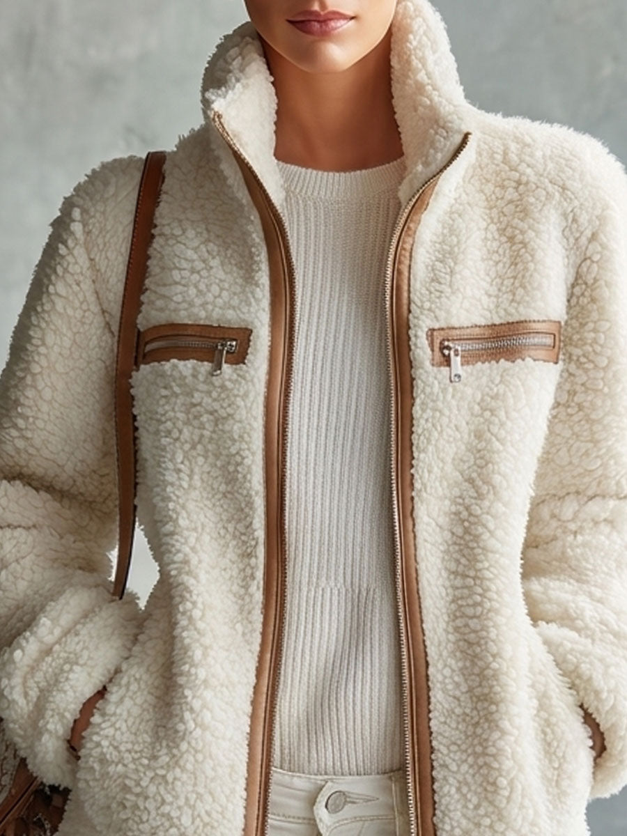 Retro Chic Brown Color-blocked Off-white Fleece Zip-up Pocket Jacket