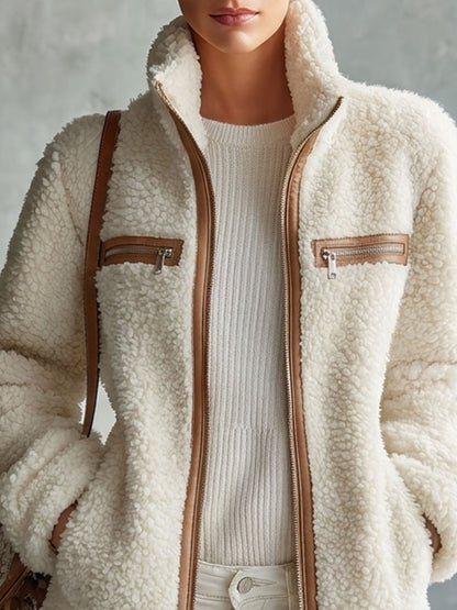 Retro Chic Brown Color-blocked Off-white Fleece Zip-up Pocket Jacket