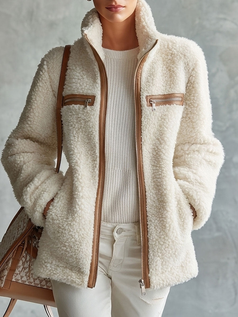 Retro Chic Brown Color-blocked Off-white Fleece Zip-up Pocket Jacket