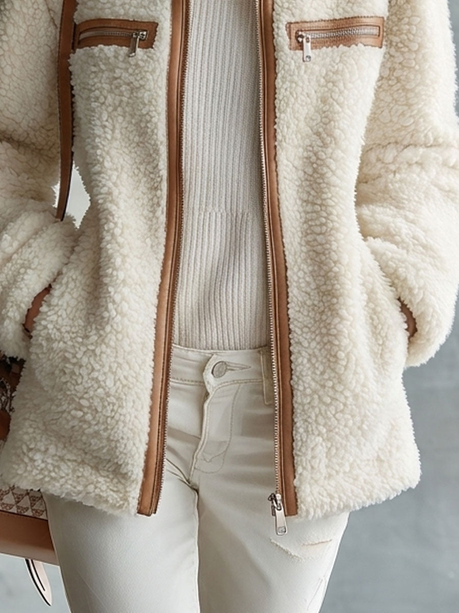 Retro Chic Brown Color-blocked Off-white Fleece Zip-up Pocket Jacket
