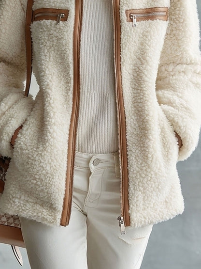 Retro Chic Brown Color-blocked Off-white Fleece Zip-up Pocket Jacket