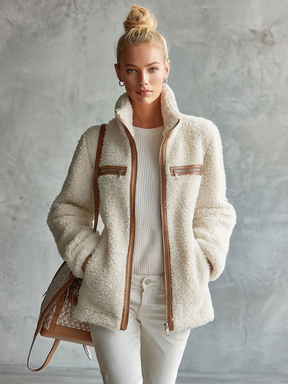 Retro Chic Brown Color-blocked Off-white Fleece Zip-up Pocket Jacket