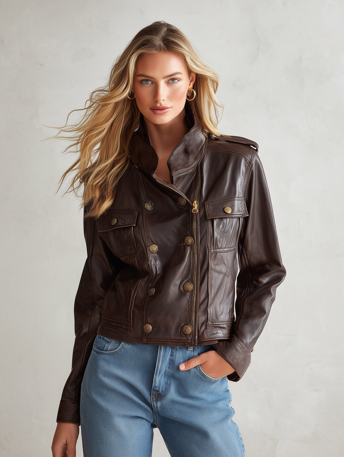 Stylish Urban Brown Stand-collar Zip-up PU Jacket