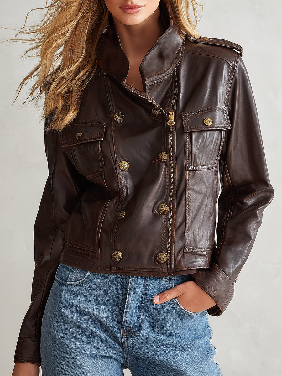 Stylish Urban Brown Stand-collar Zip-up PU Jacket