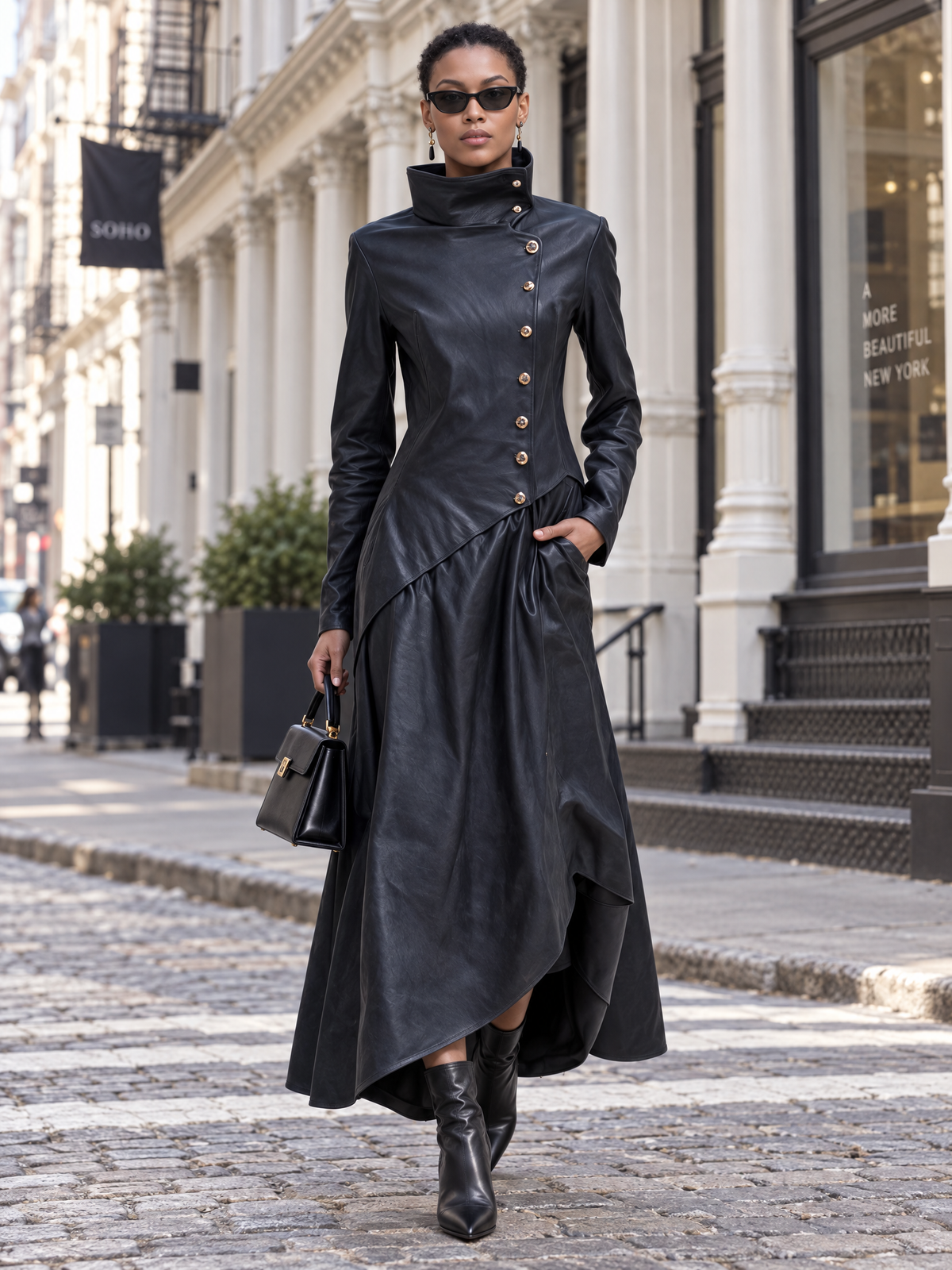 Vintage Fashion Leather Maxi Dress Coat High Collar Asymmetric Hem Long Sleeve