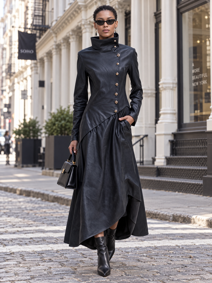 Vintage Fashion Leather Maxi Dress Coat High Collar Asymmetric Hem Long Sleeve