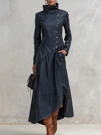 Vintage Fashion Leather Maxi Dress Coat High Collar Asymmetric Hem Long Sleeve