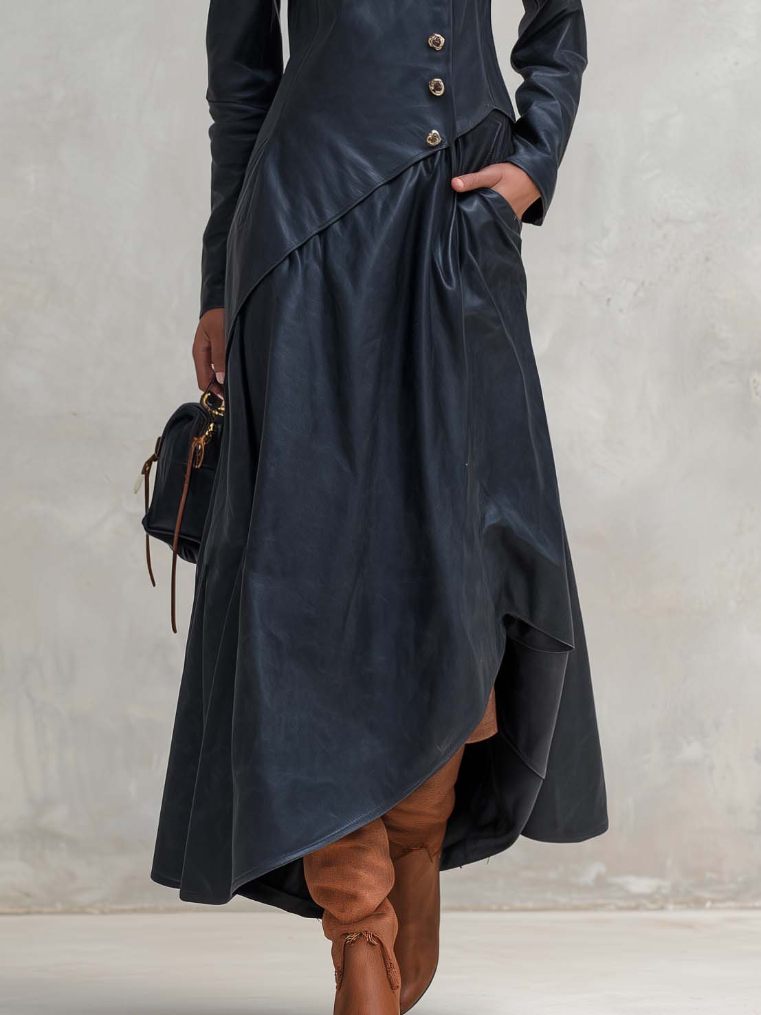 Vintage Fashion Leather Maxi Dress Coat High Collar Asymmetric Hem Long Sleeve