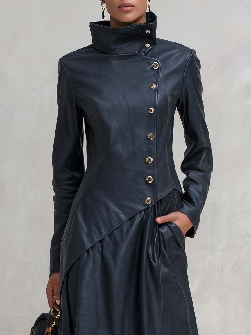 Vintage Fashion Leather Maxi Dress Coat High Collar Asymmetric Hem Long Sleeve