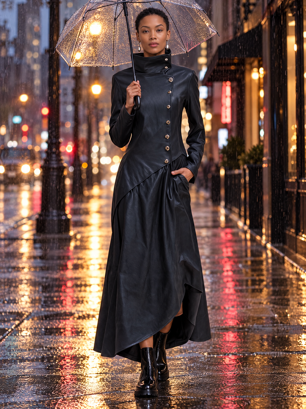 Vintage Fashion Leather Maxi Dress Coat High Collar Asymmetric Hem Long Sleeve
