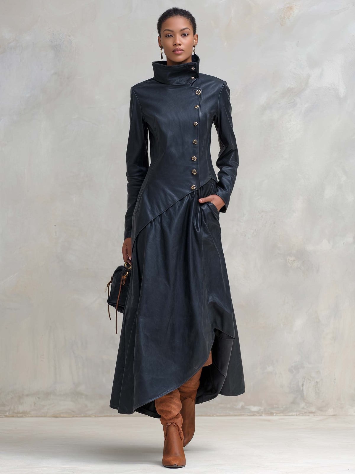 Vintage Fashion Leather Maxi Dress Coat High Collar Asymmetric Hem Long Sleeve