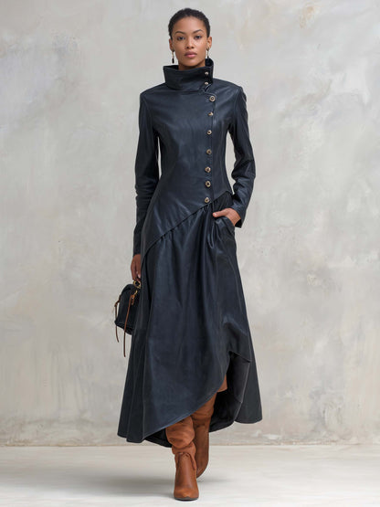 Vintage Fashion Leather Maxi Dress Coat High Collar Asymmetric Hem Long Sleeve