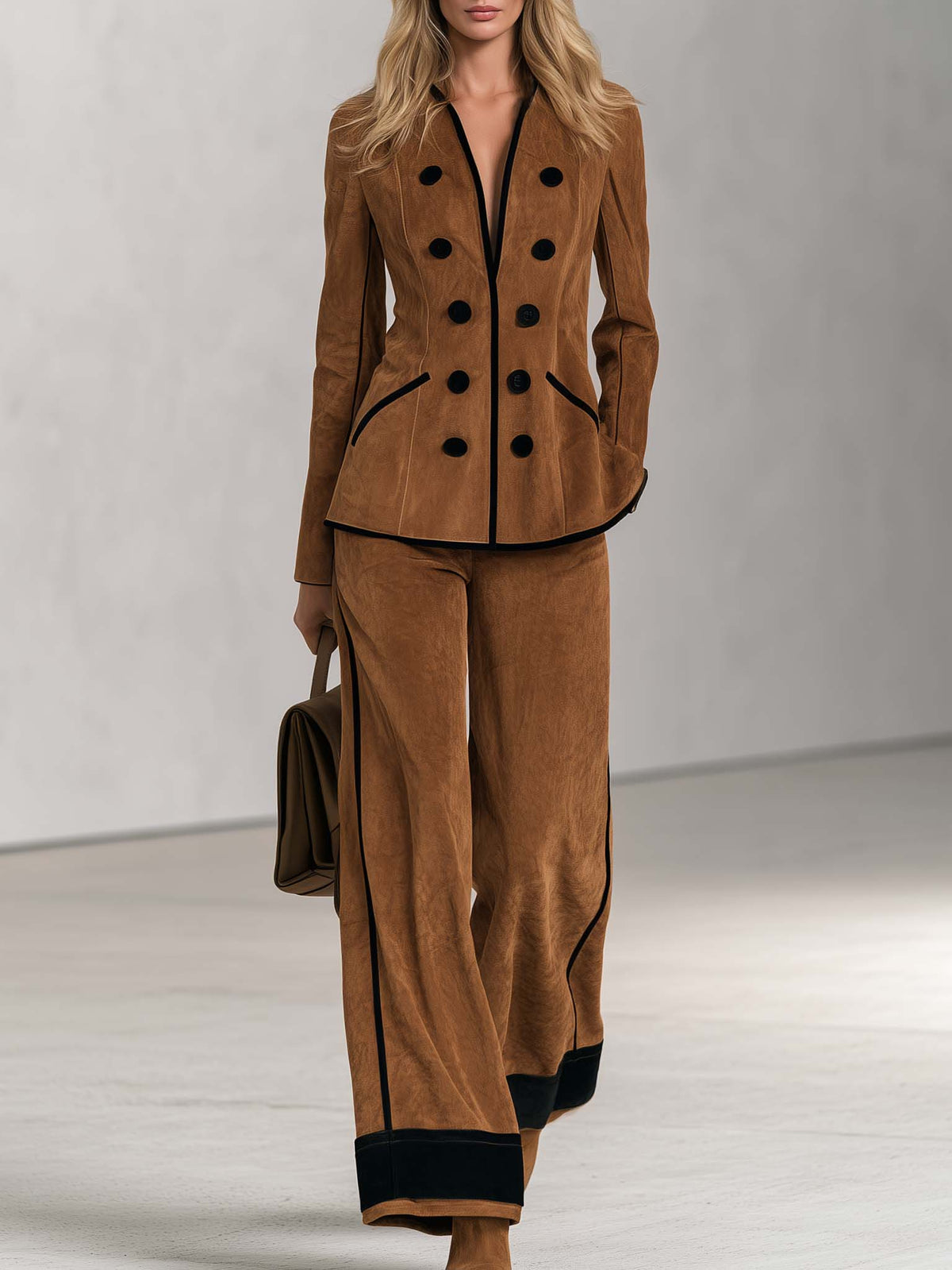 Vintage Cognac Faux Suede Double-Breasted Blazer And Wide-Leg Pants Set For Women