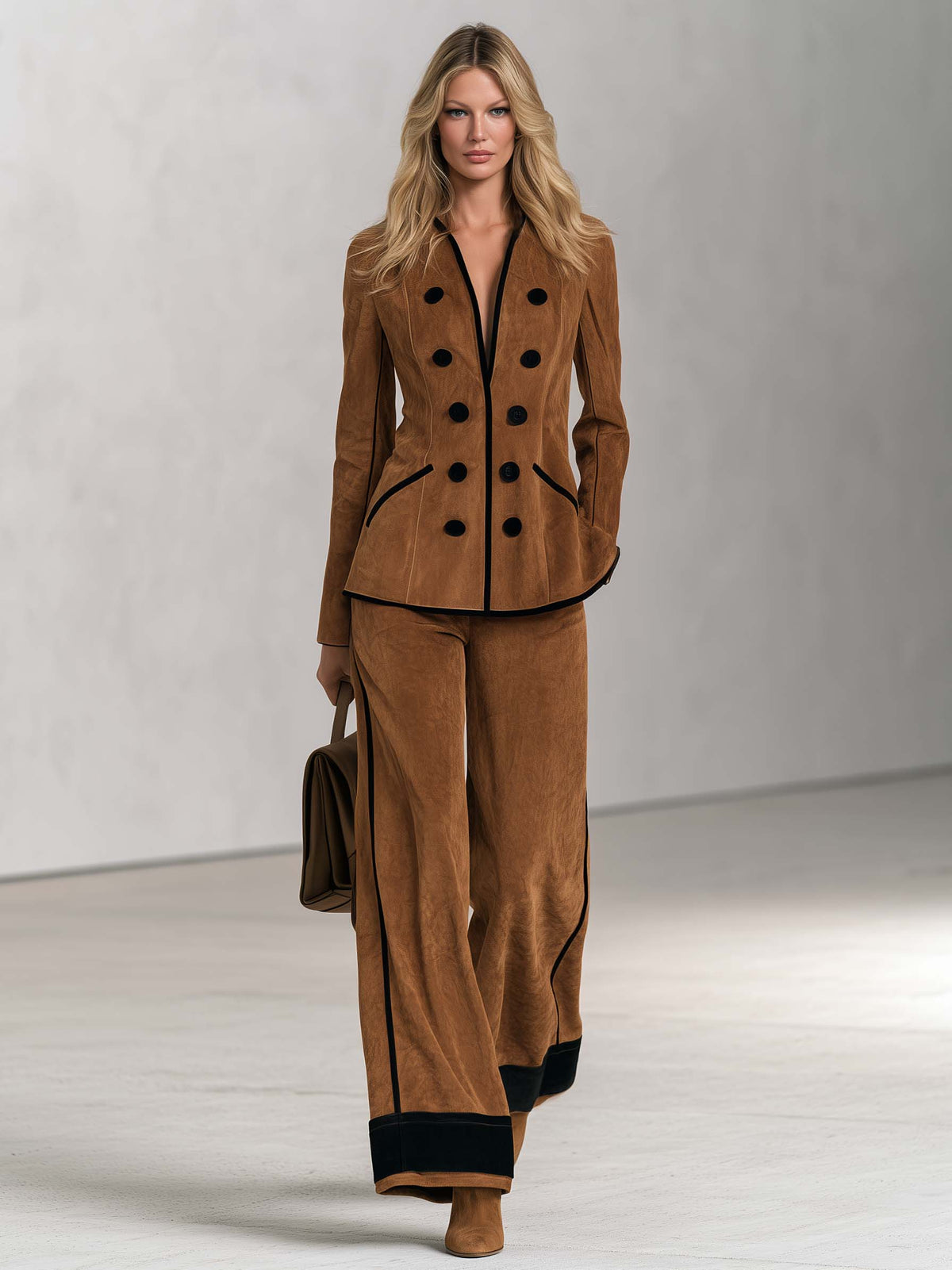 Vintage Cognac Faux Suede Double-Breasted Blazer And Wide-Leg Pants Set For Women