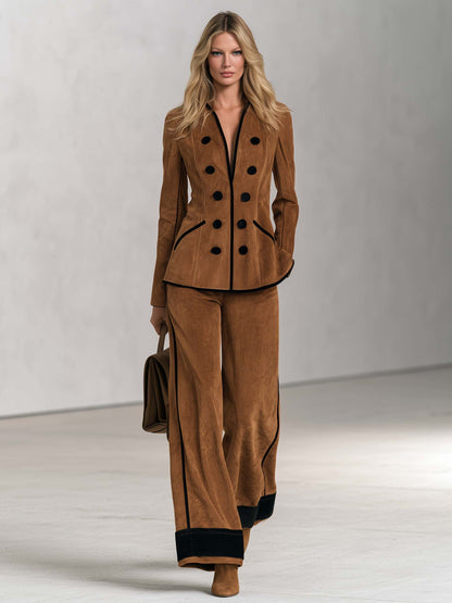 Vintage Cognac Faux Suede Double-Breasted Blazer And Wide-Leg Pants Set For Women
