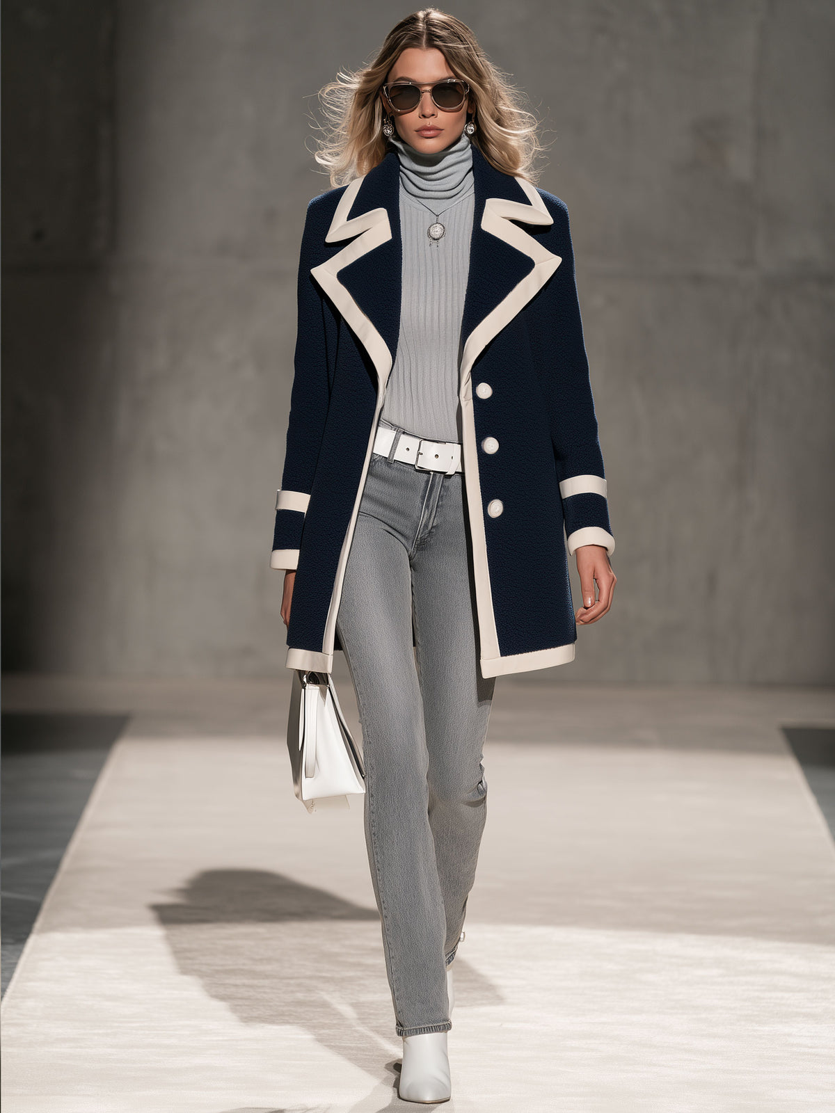 Casual Retro PU Trim Navy Blue Fleece Coat