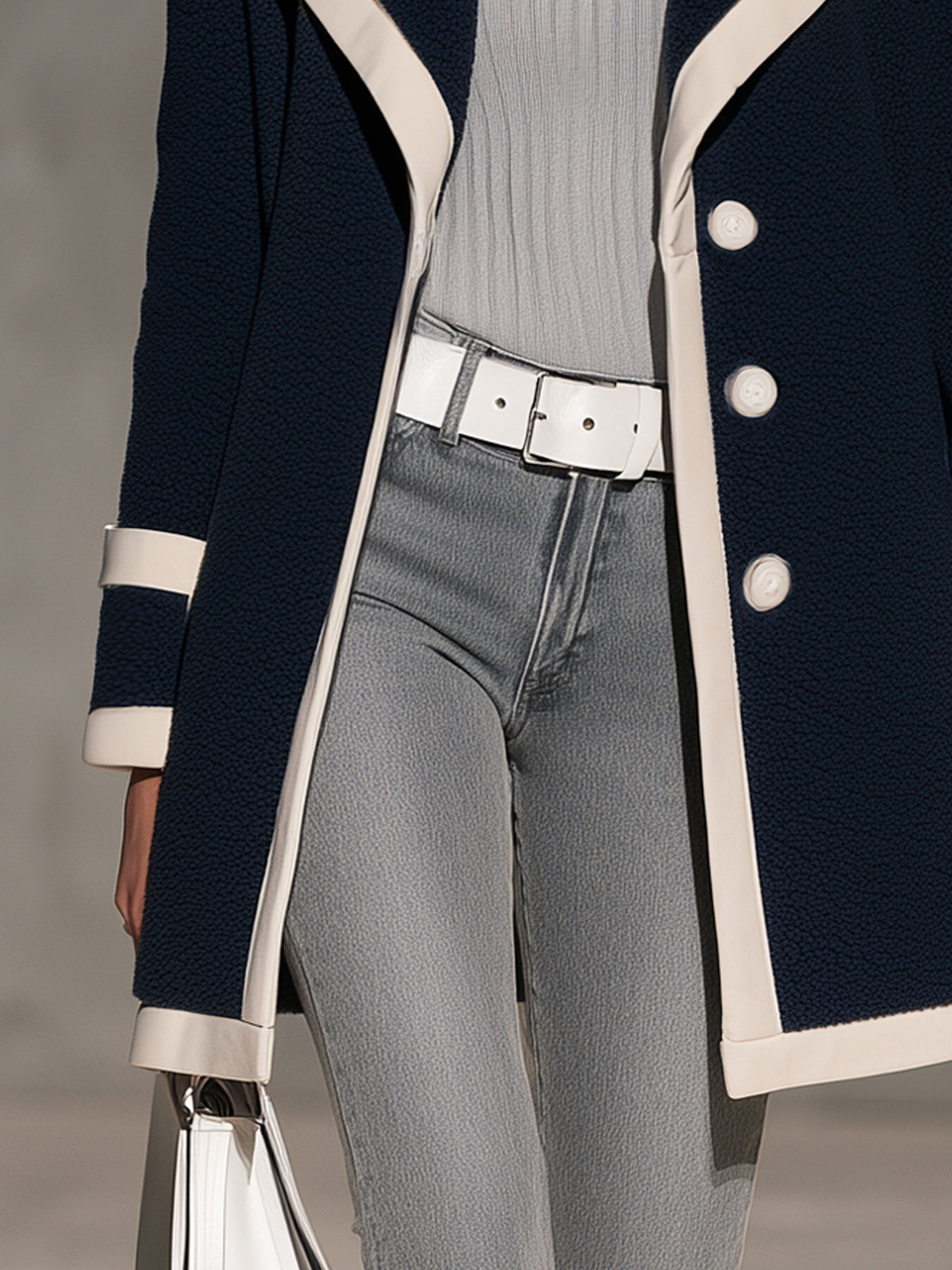 Casual Retro PU Trim Navy Blue Fleece Coat