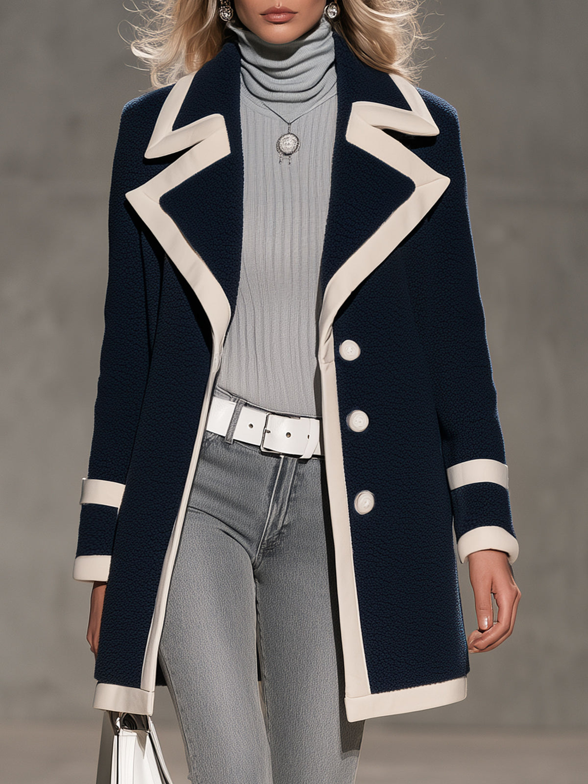 Casual Retro PU Trim Navy Blue Fleece Coat