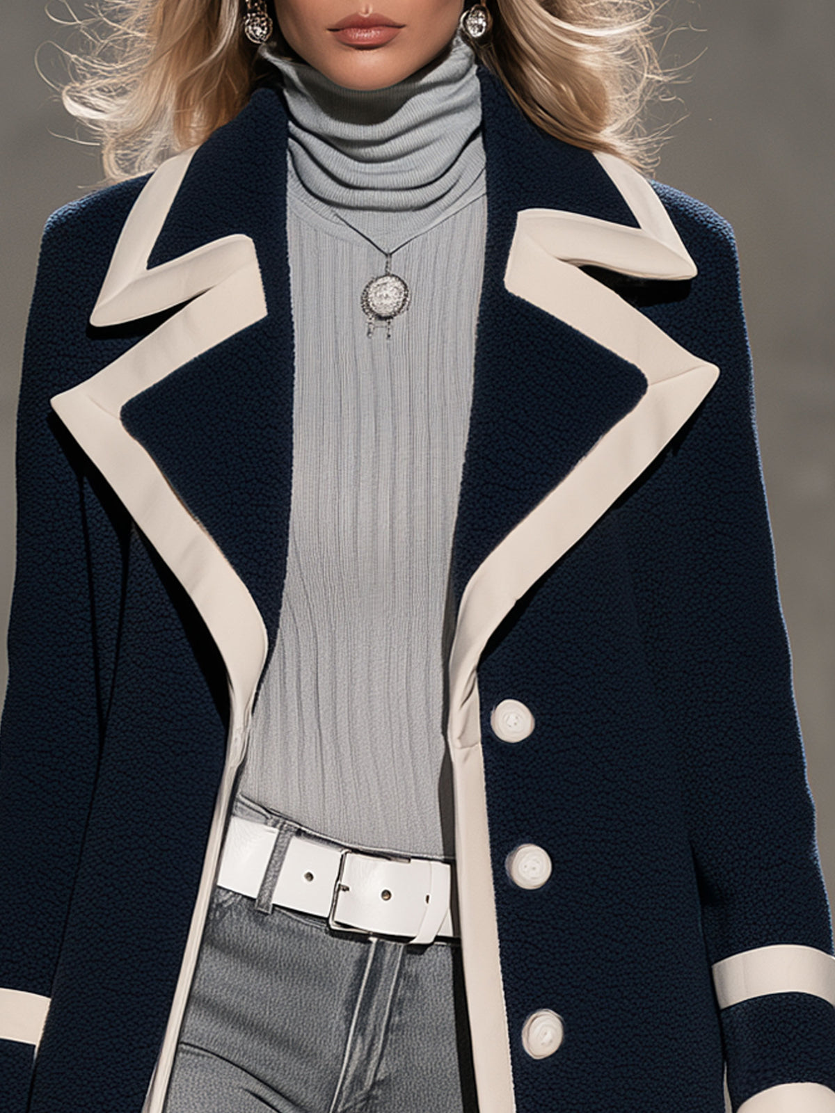 Casual Retro PU Trim Navy Blue Fleece Coat