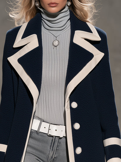 Casual Retro PU Trim Navy Blue Fleece Coat