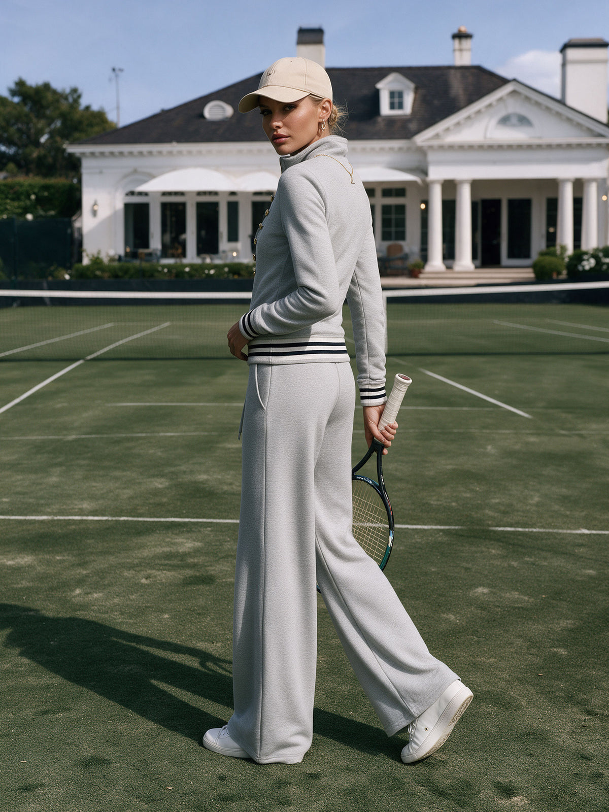 Fashionable Sporty Grey Half-zip Button Sweatshirt And Wide-leg Pants Set