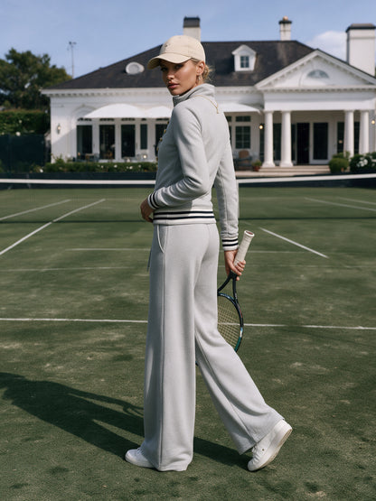 Fashionable Sporty Grey Half-zip Button Sweatshirt And Wide-leg Pants Set