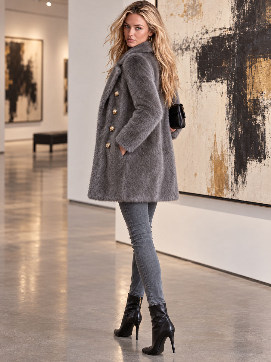 Retro Elegant Gray Faux Fur Notched Lapel Gold-Button Double-Breasted Coat