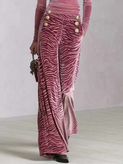 Retro Elegant Pink Zebra Print Velvet Two-Piece Maxi Set With Gold Buttons