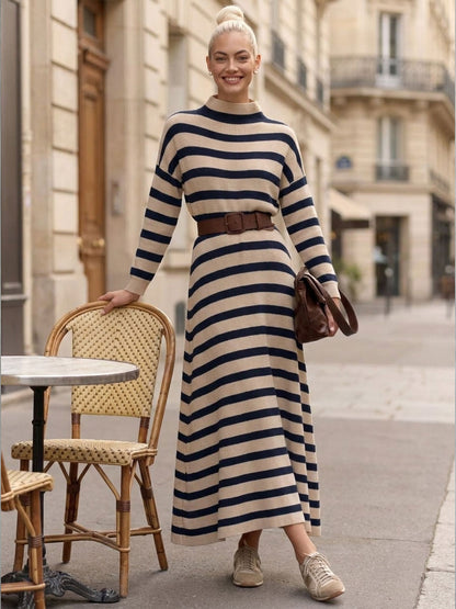 Retro Elegant Beige And Navy Striped Mock-Neck Belted Flared Knit Maxi Dress