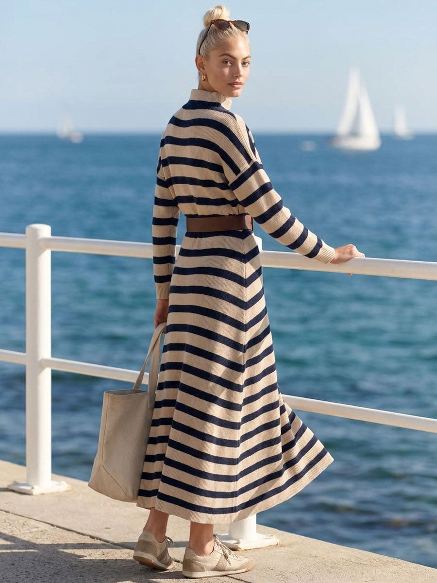 Retro Elegant Beige And Navy Striped Mock-Neck Belted Flared Knit Maxi Dress