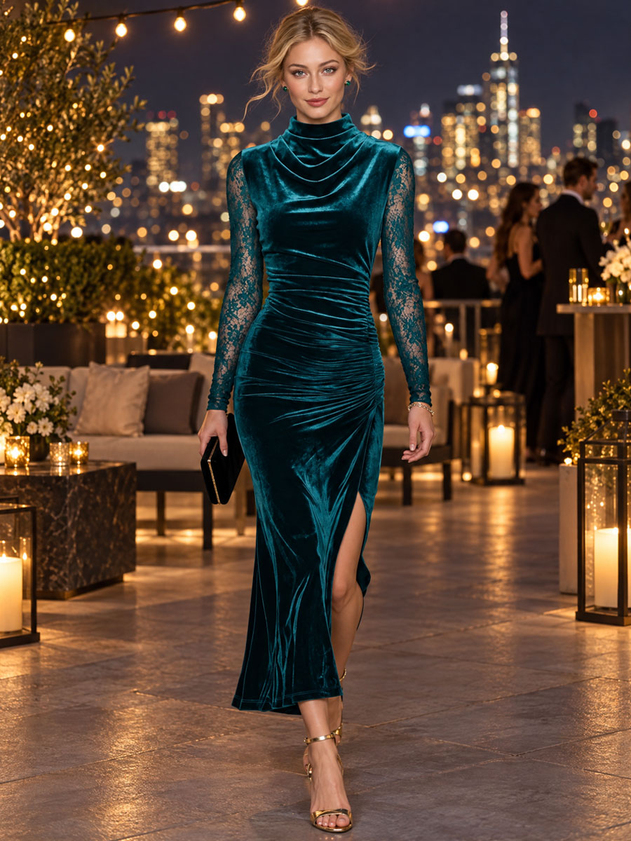 Retro-chic Blue-green Velvet Lace Sleeve Drop Neck Slit Midi Dress