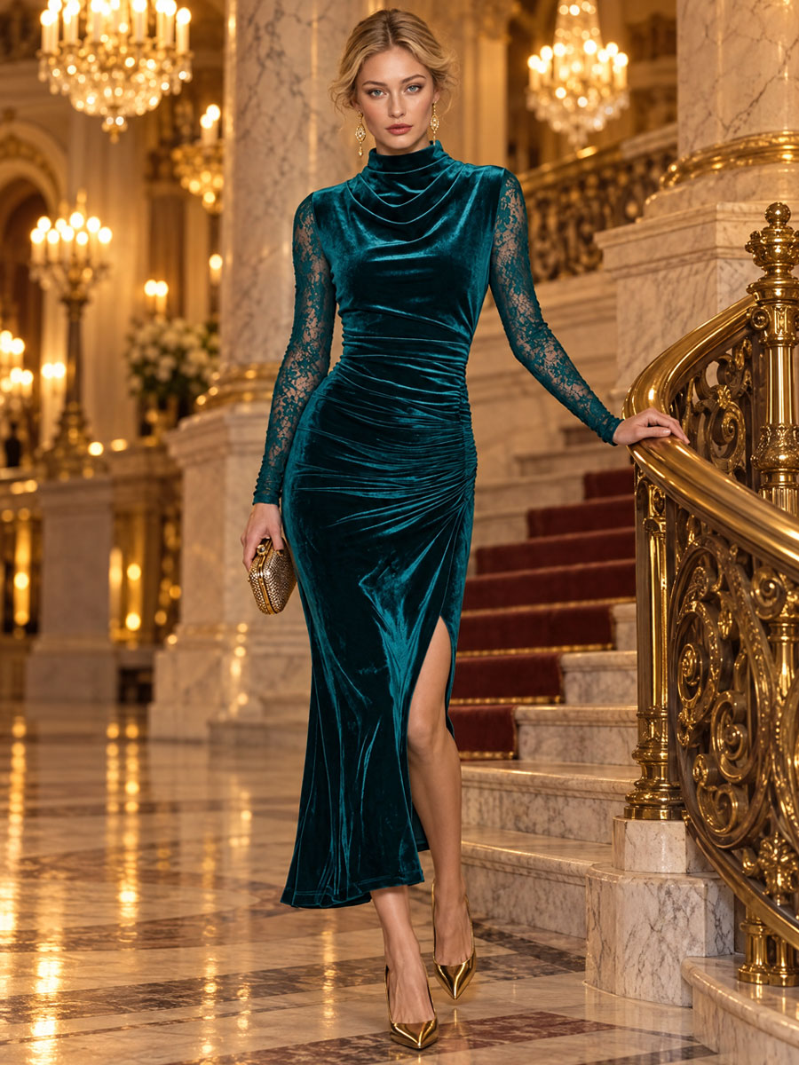 Retro-chic Blue-green Velvet Lace Sleeve Drop Neck Slit Midi Dress