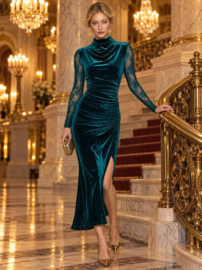 Retro-chic Blue-green Velvet Lace Sleeve Drop Neck Slit Midi Dress