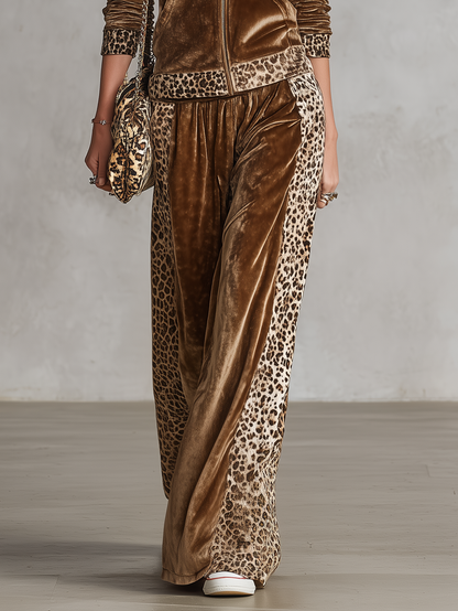 Vintage Western Leopard Trim Velvet Hooded Jacket And Wide-Leg Pants Set