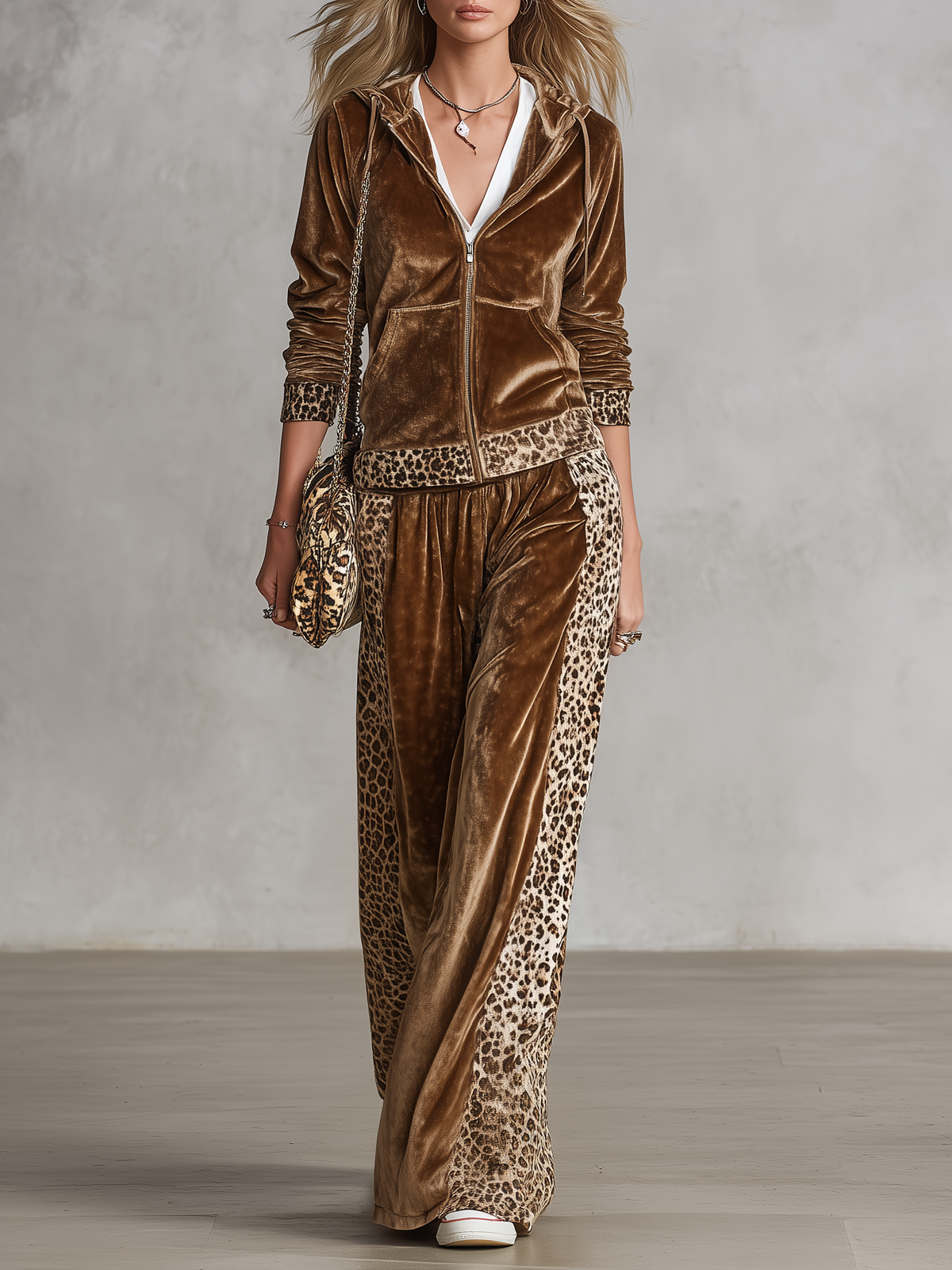 Vintage Western Leopard Trim Velvet Hooded Jacket And Wide-Leg Pants Set