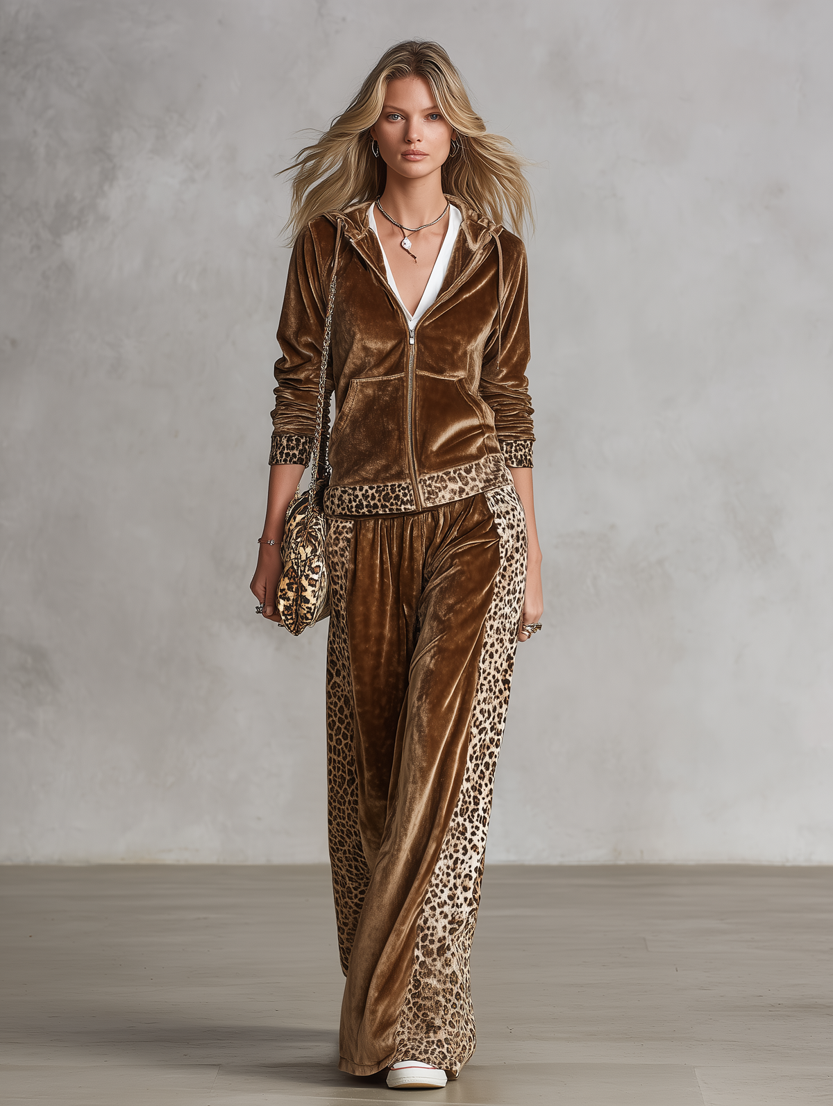 Vintage Western Leopard Trim Velvet Hooded Jacket And Wide-Leg Pants Set