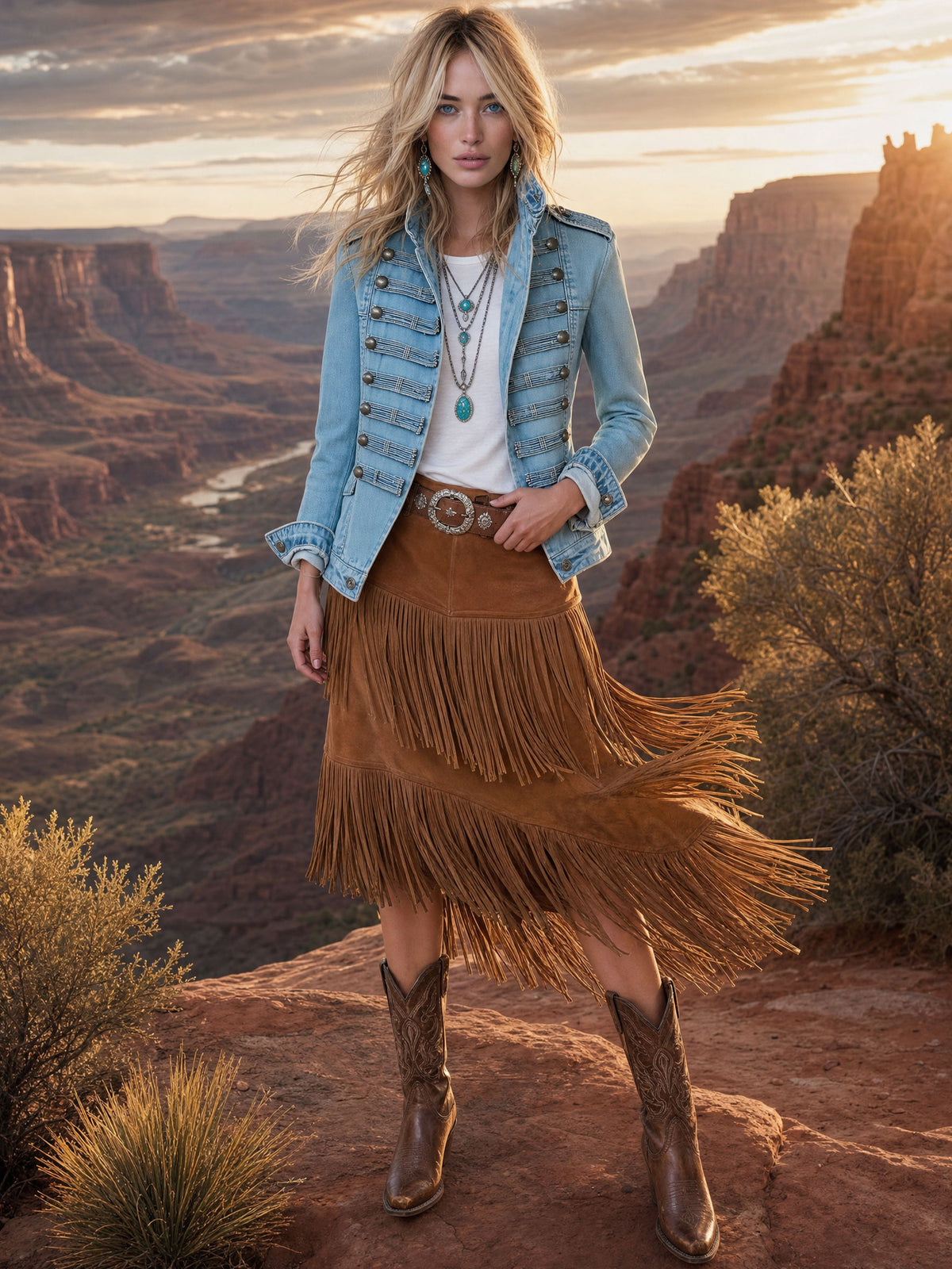 Western Retro Fringed Camel-colored Faux Suede Belted Midi Skirt