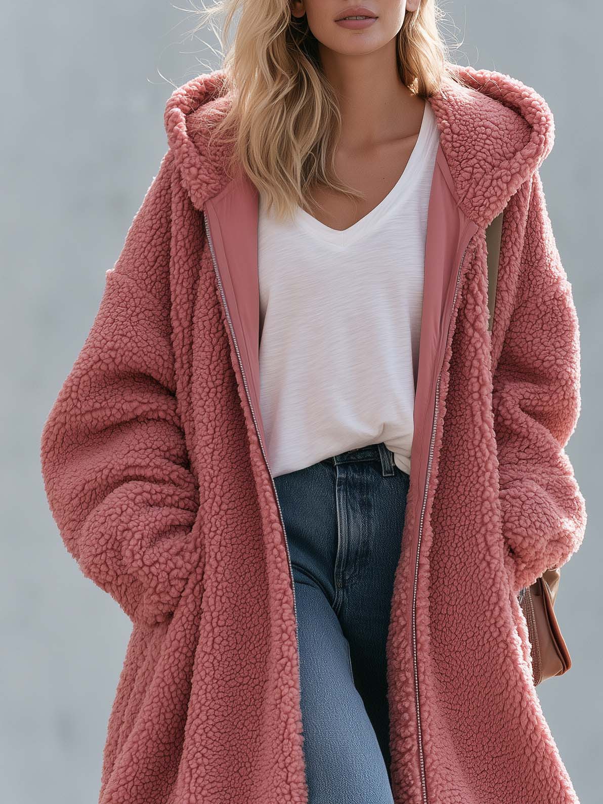 Vintage Lazy Oversized Dusty Pink Sherpa Hooded Long Teddy Coat