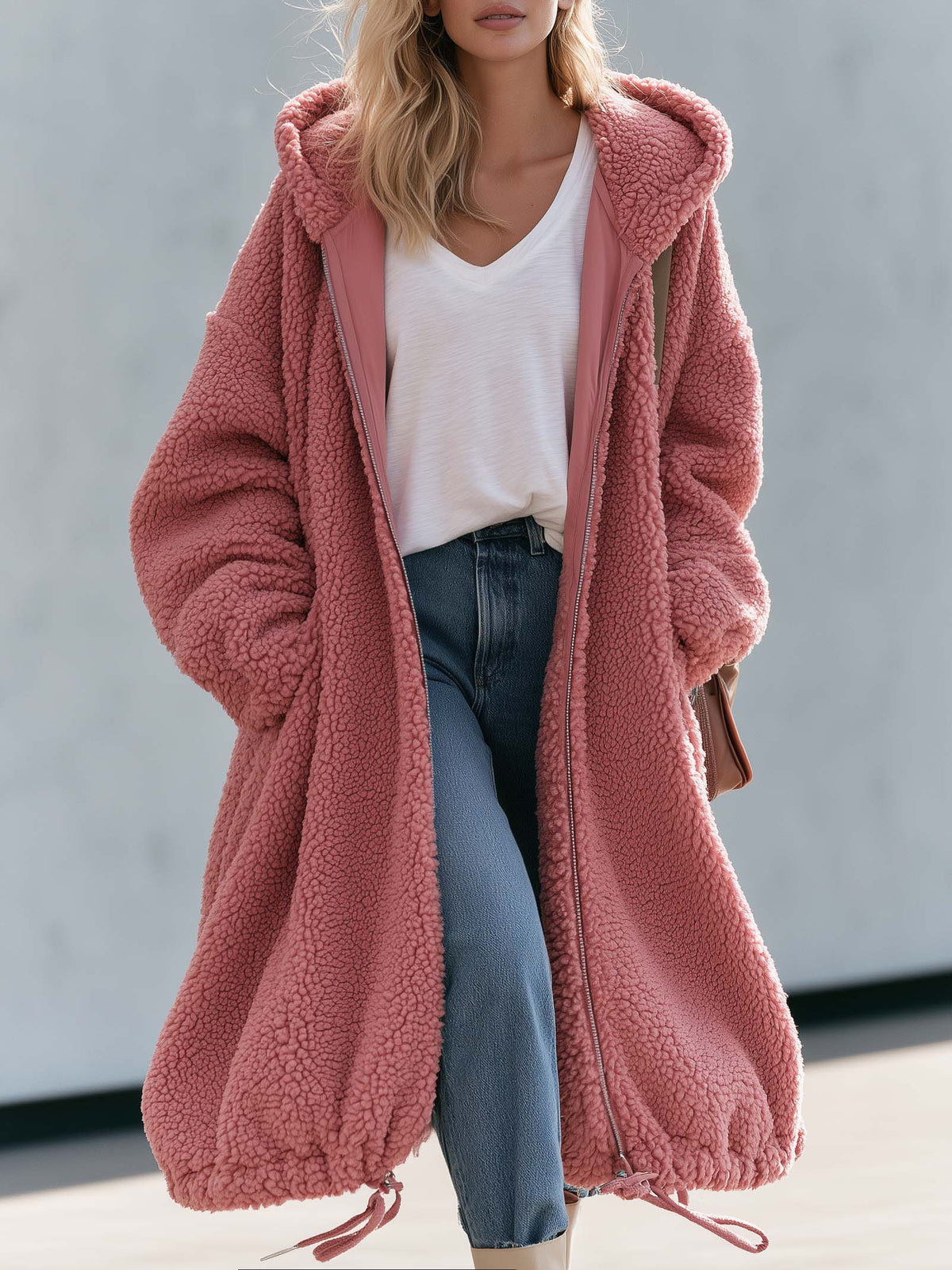 Vintage Lazy Oversized Dusty Pink Sherpa Hooded Long Teddy Coat