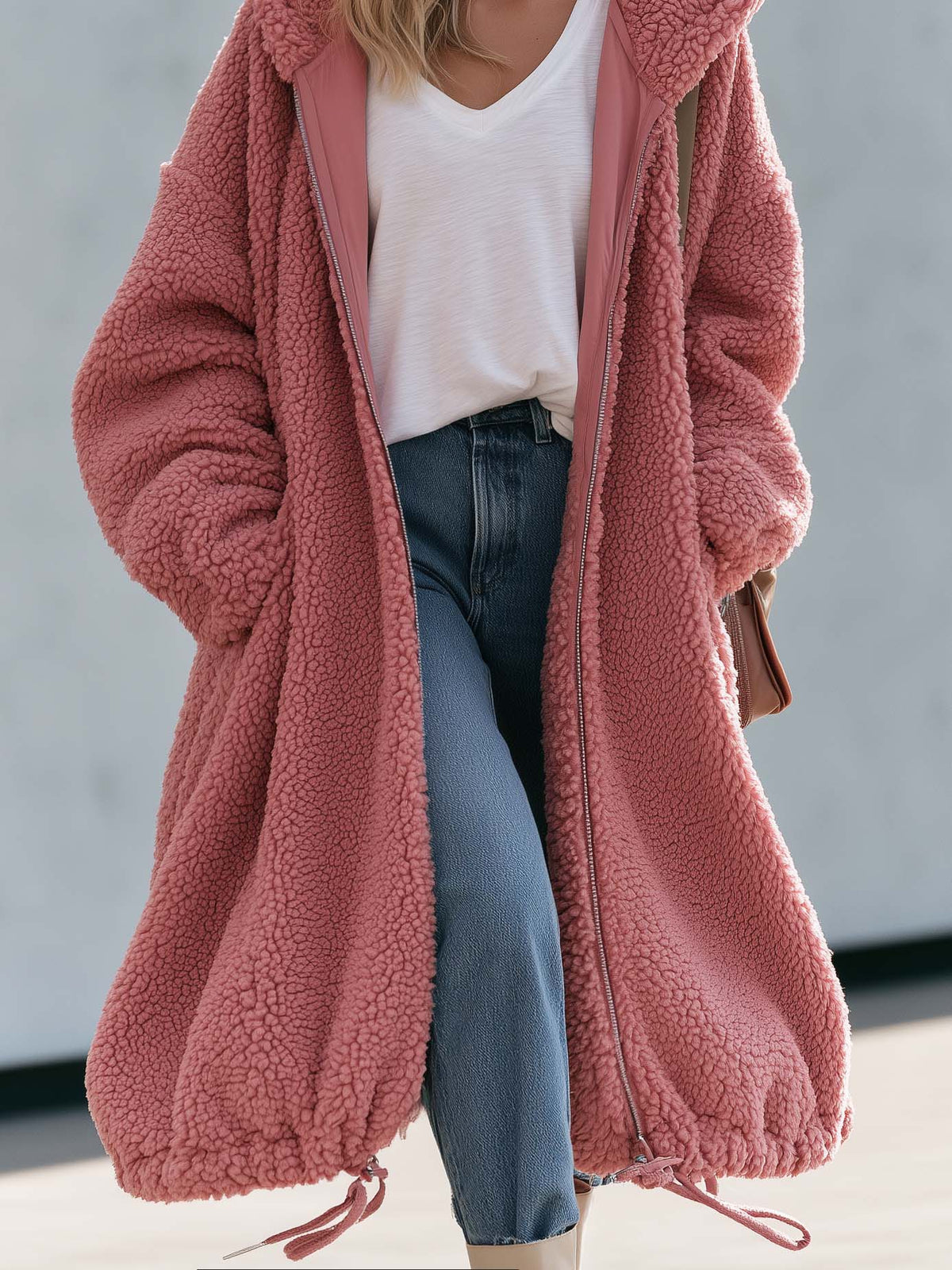 Vintage Lazy Oversized Dusty Pink Sherpa Hooded Long Teddy Coat
