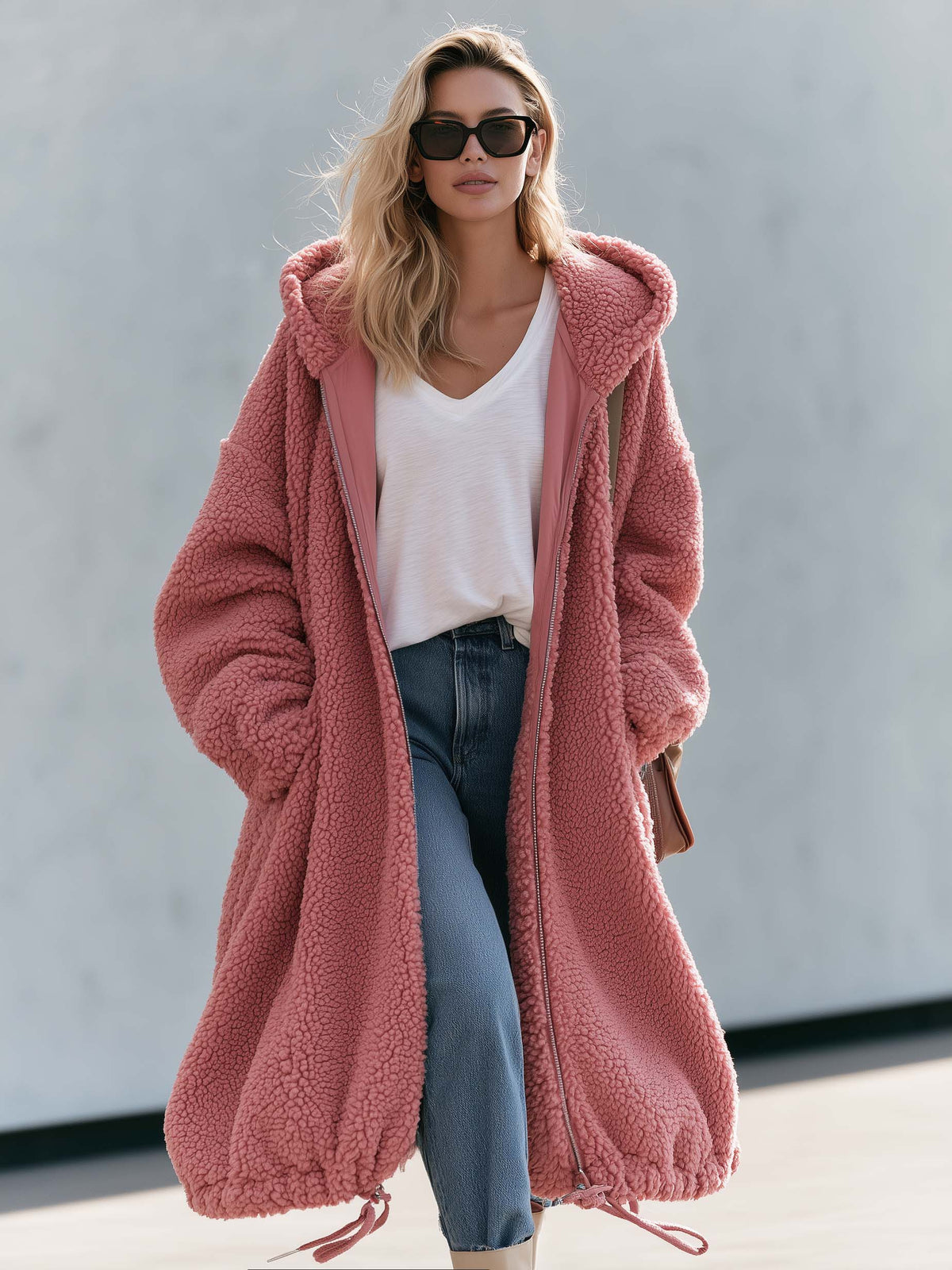 Vintage Lazy Oversized Dusty Pink Sherpa Hooded Long Teddy Coat